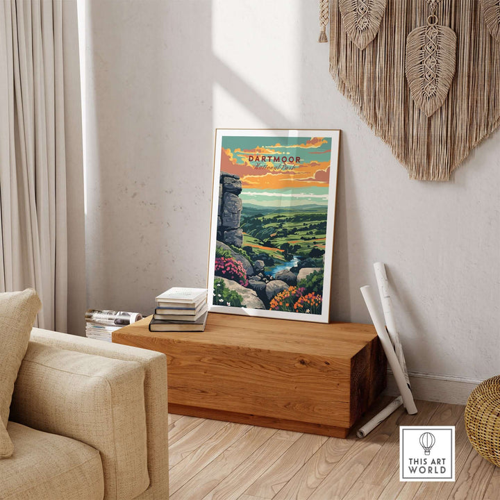 Dartmoor National Park print displayed in a cozy living room setting, capturing the park's stunning landscapes and wildlife.