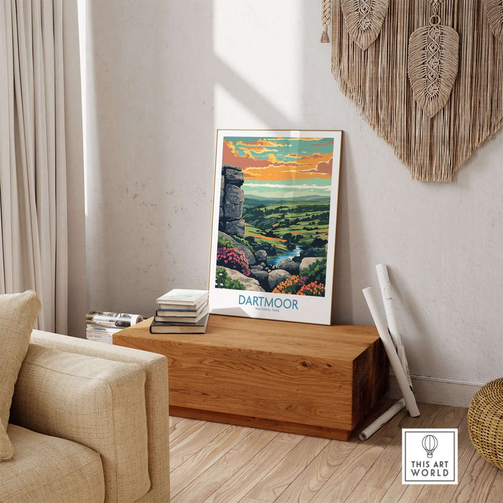 Dartmoor National Park print displayed in a cozy interior, showcasing lush landscapes and vibrant colors, perfect for home decor.