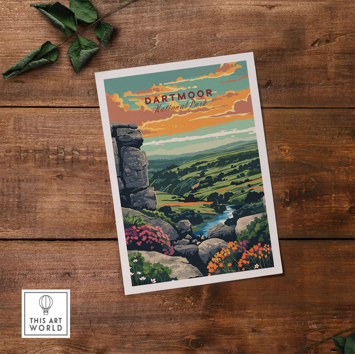 Dartmoor National Park print featuring rugged landscapes, vibrant flowers, and a serene river, perfect for nature lovers.