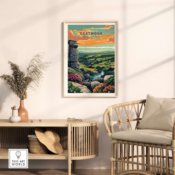 Dartmoor National Park print displayed in a bright room with natural decor, showcasing lush landscapes and vibrant colors.