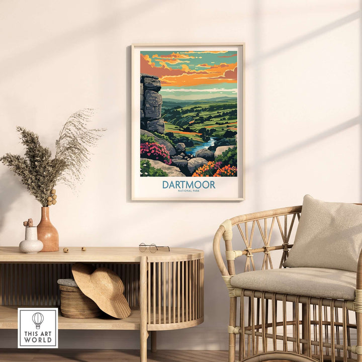 Dartmoor National Park print displayed in a cozy room with natural decor, showcasing lush landscapes and vibrant colors.