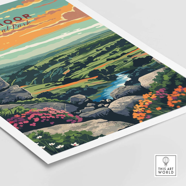 Dartmoor National Park print featuring vibrant landscapes, rocky outcrops, and colorful wildflowers in a stunning artwork.