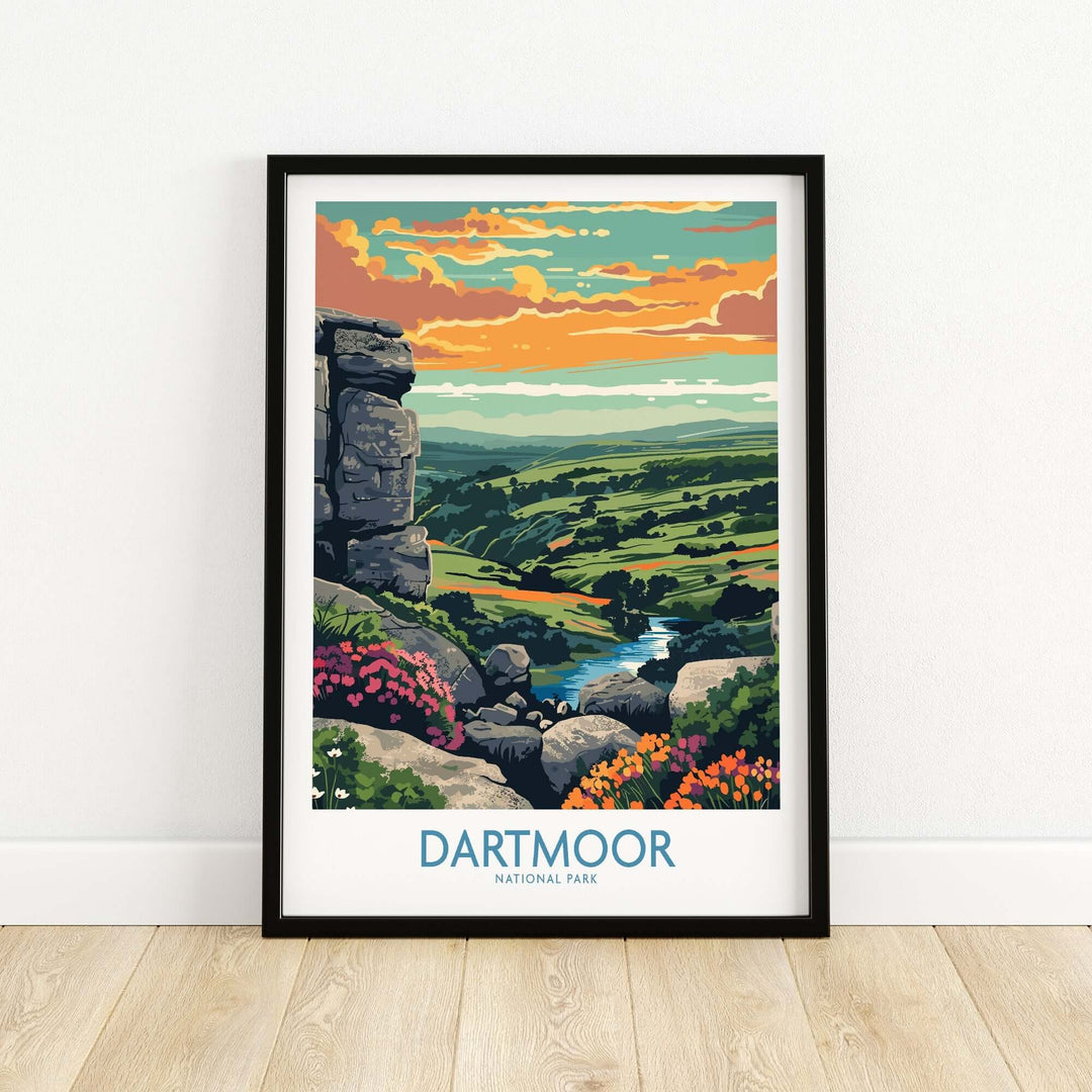 Dartmoor National Park art print featuring vibrant landscapes and a colorful sunset over the hills.