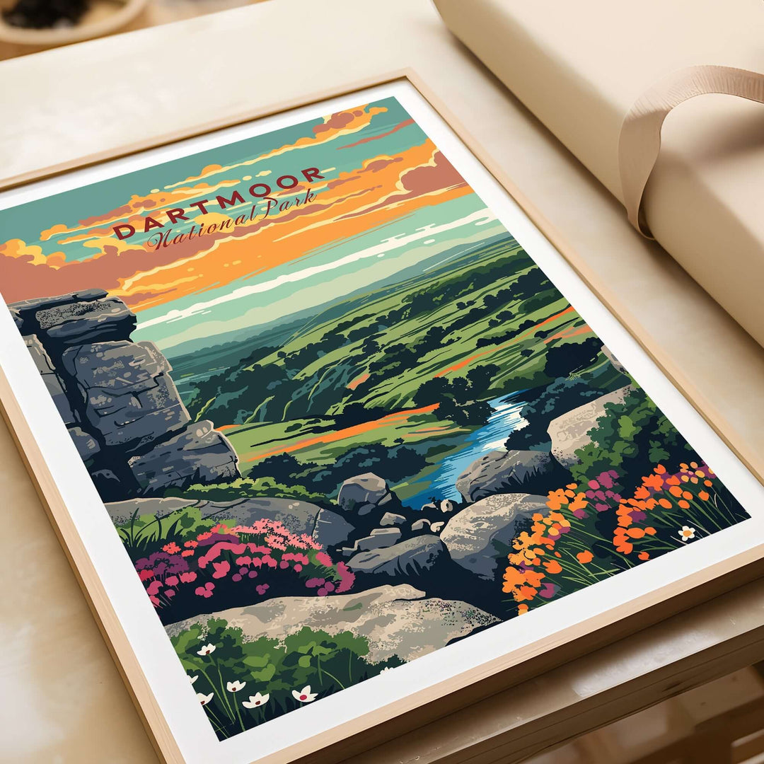 Dartmoor National Park print featuring colorful landscapes and flowers, perfect for nature lovers' decor.