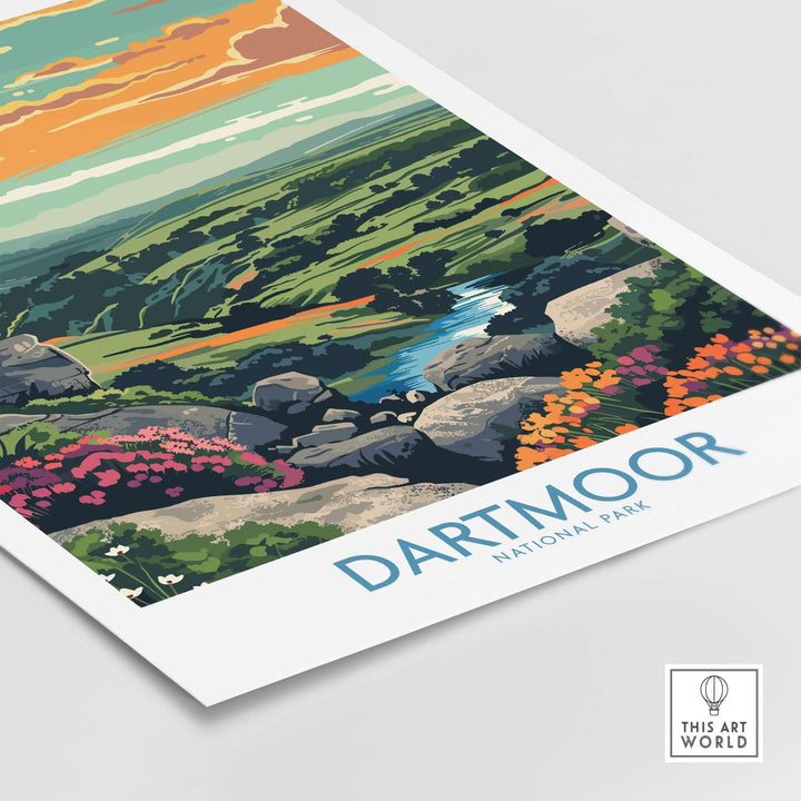 Dartmoor National Park print showcasing vibrant landscapes and scenic views in a colorful design.