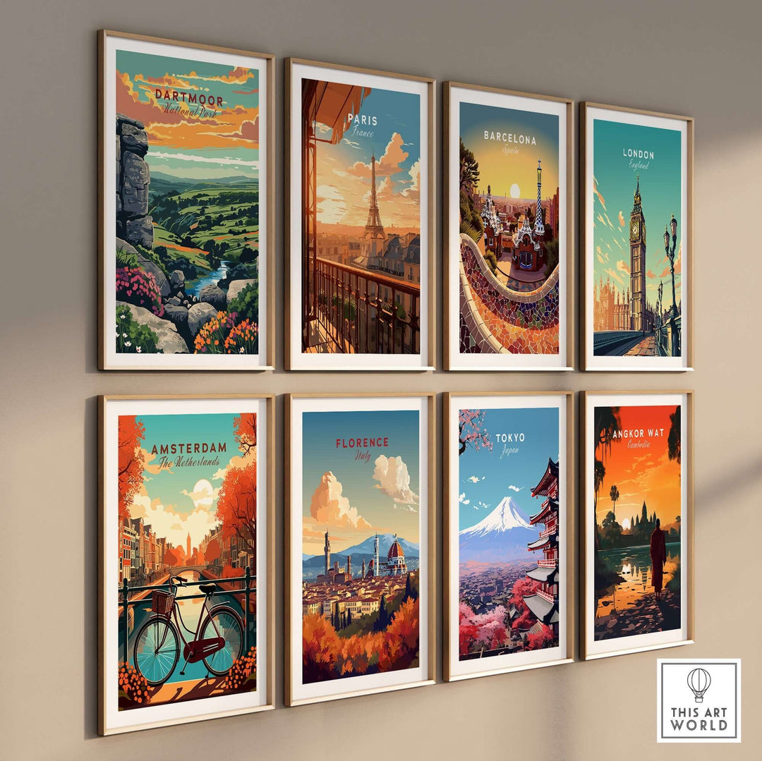 Collection of vibrant travel prints including Dartmoor National Park, Paris, Barcelona, London, and more, displayed on a gallery wall.