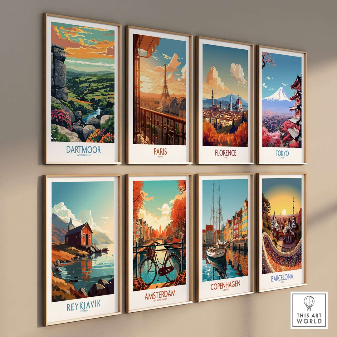 Dartmoor National Park print alongside travel-themed art from cities like Paris, Florence, and Tokyo in a stylish gallery wall display.