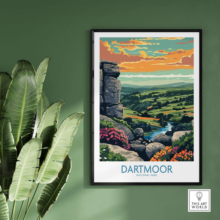 Dartmoor National Park print showcasing vibrant landscapes and colorful flowers in a framed artwork against a green wall.