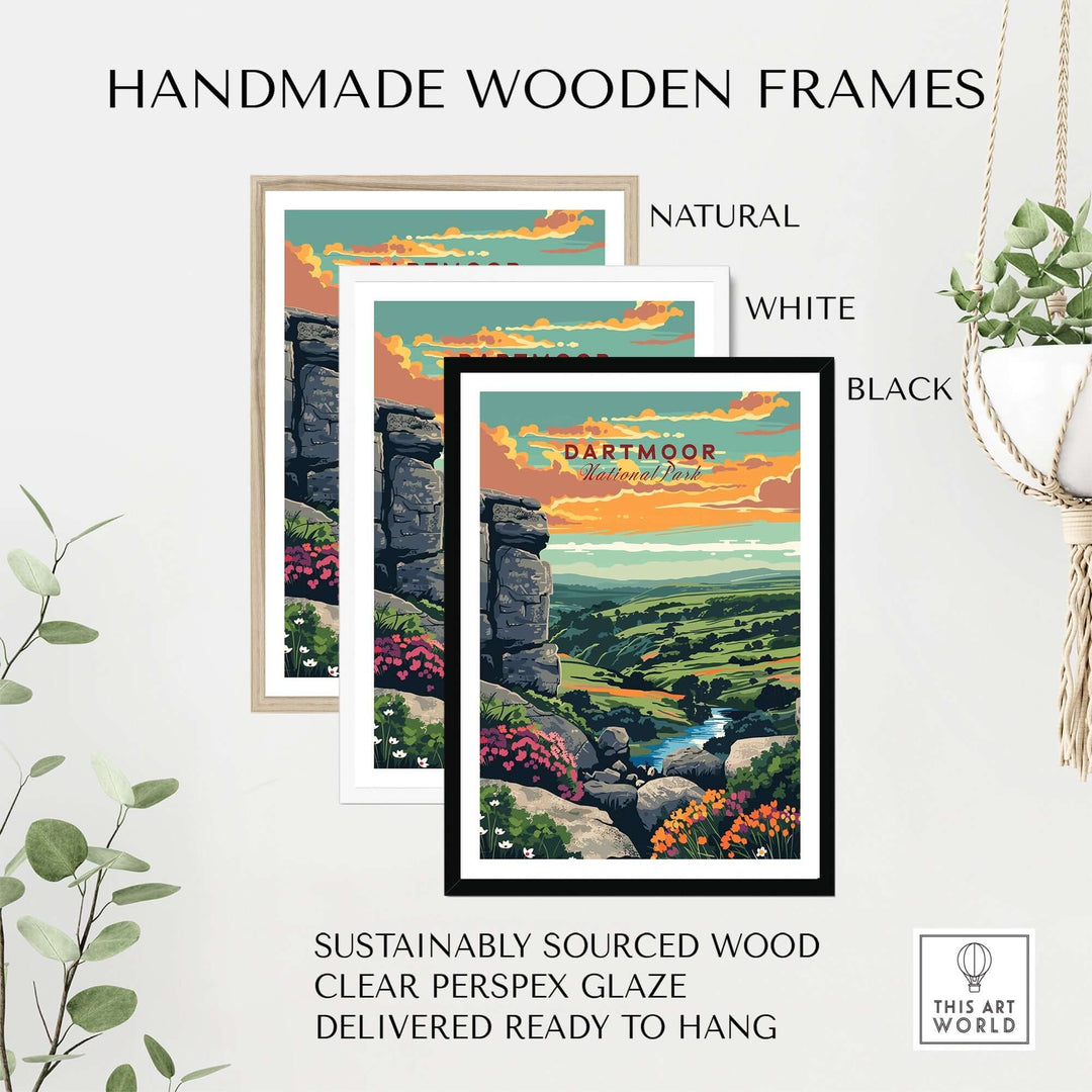 Handmade wooden frames in natural, white, and black, featuring Dartmoor National Park print, ready to hang.