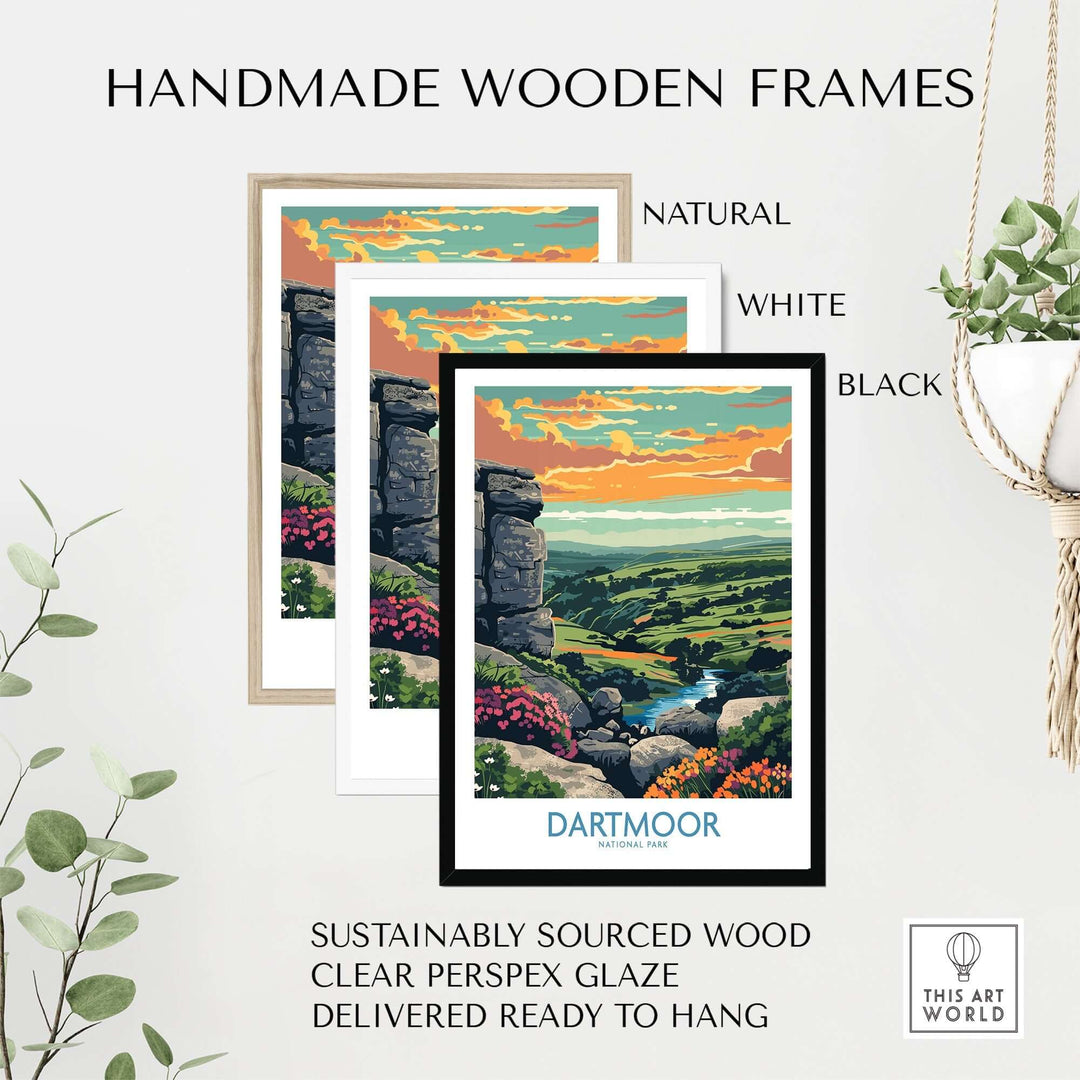 Handmade wooden frames in natural, white, and black for Dartmoor National Park print, made from sustainably sourced wood.