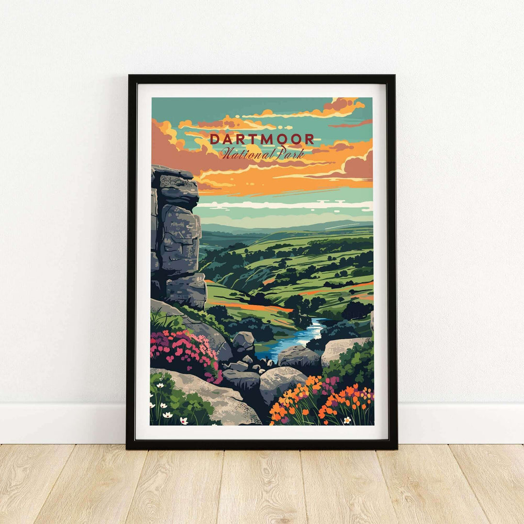 Dartmoor National Park print featuring vibrant landscapes, flowers, and a scenic sunset. Perfect for nature lovers' decor.