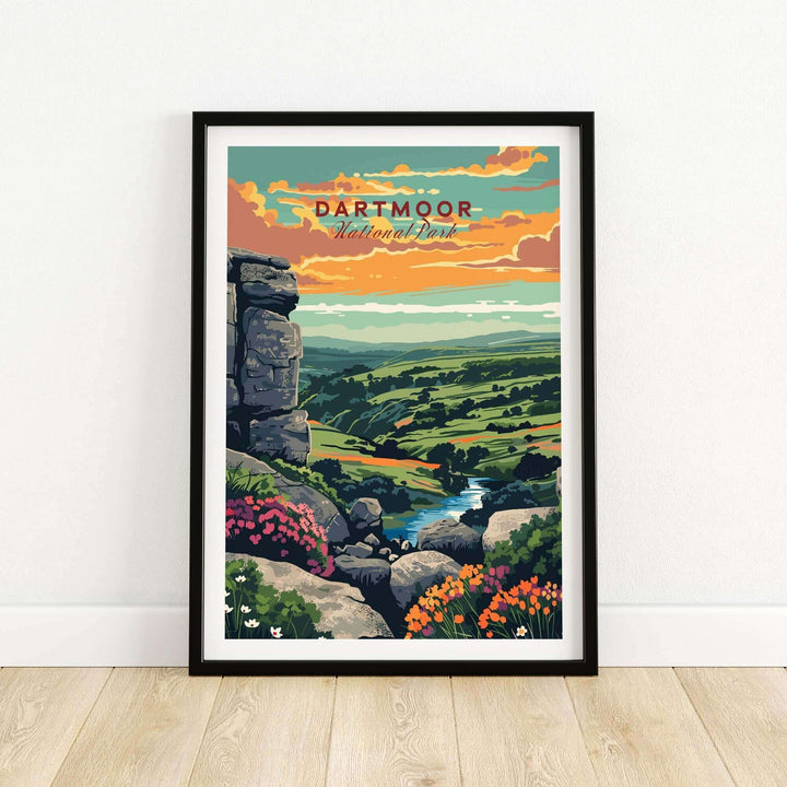 Dartmoor National Park print featuring vibrant landscapes, flowers, and a scenic sunset. Perfect for nature lovers' decor.