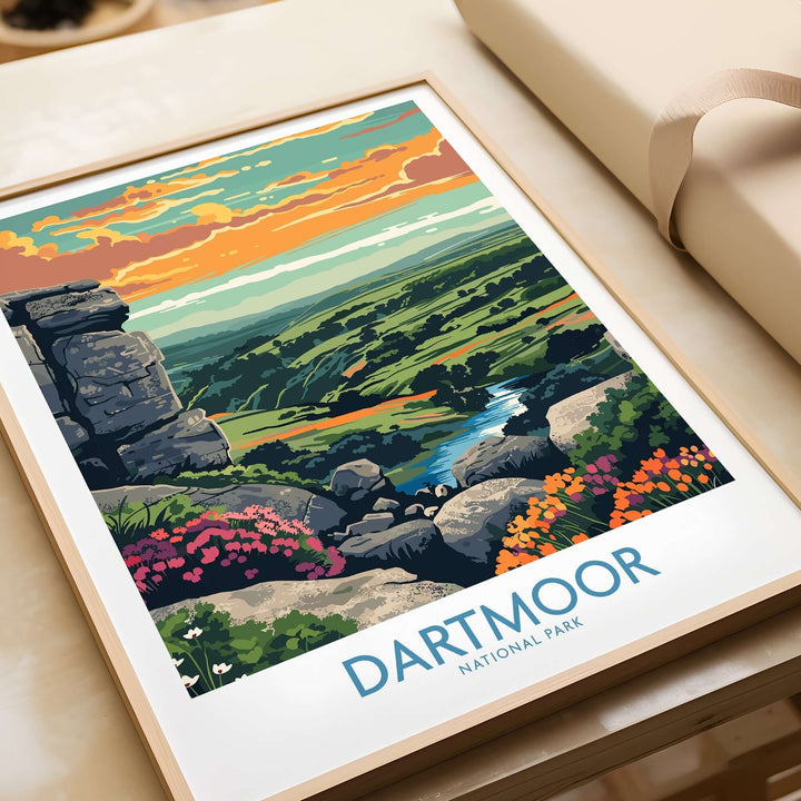 Vibrant Dartmoor National Park print showcasing stunning landscapes and colorful flowers in a framed design.