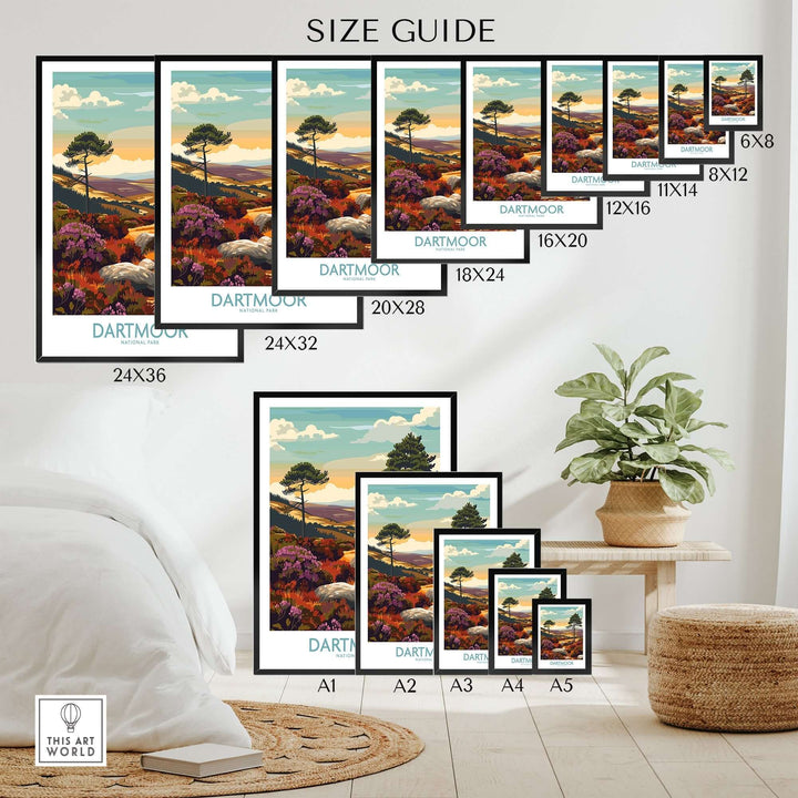 Size guide for Dartmoor National Park wall art displaying various frame sizes in a stylish interior setting.