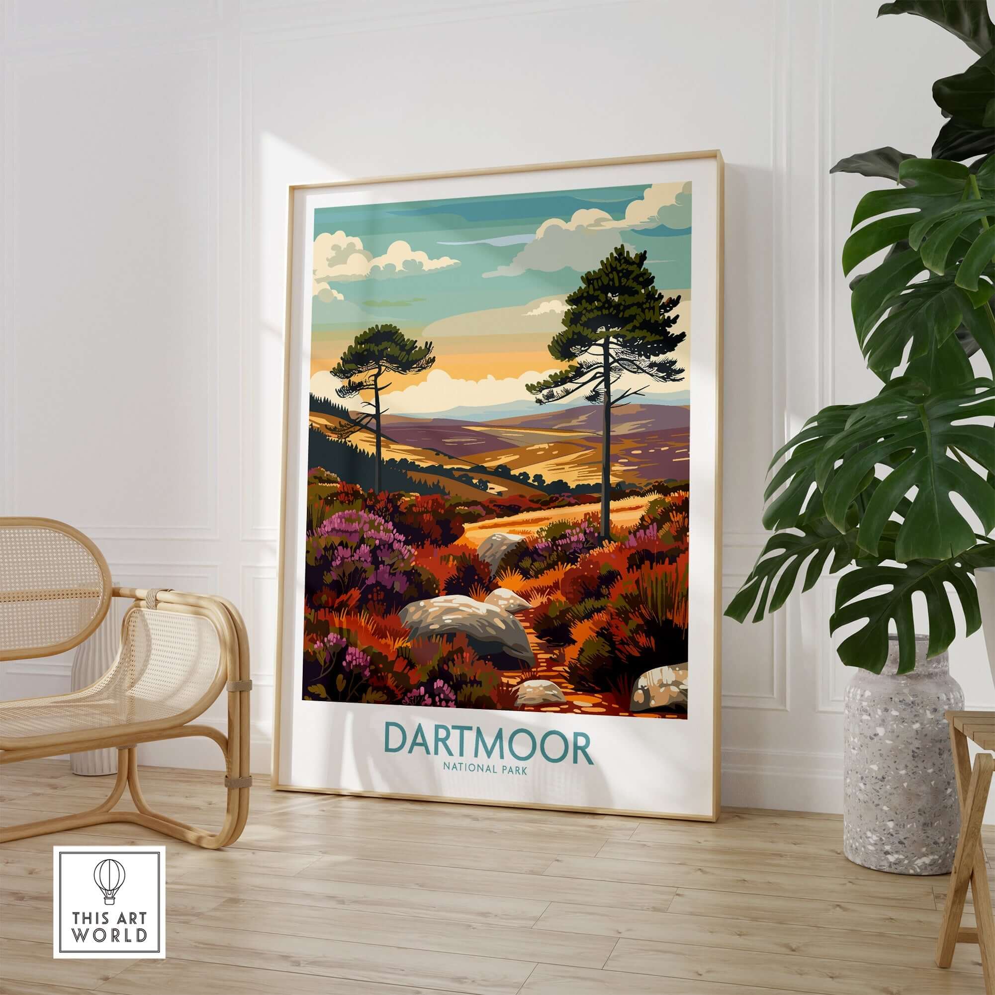 Dartmoor National Park Wall Art showcasing majestic landscapes and vibrant flora in a stylish home setting.