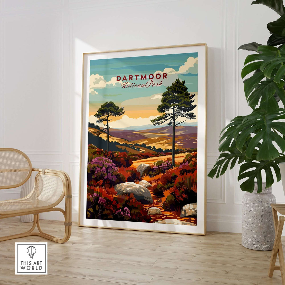 Dartmoor National Park wall art featuring vibrant landscape and trees, beautifully framed in a stylish interior setting.