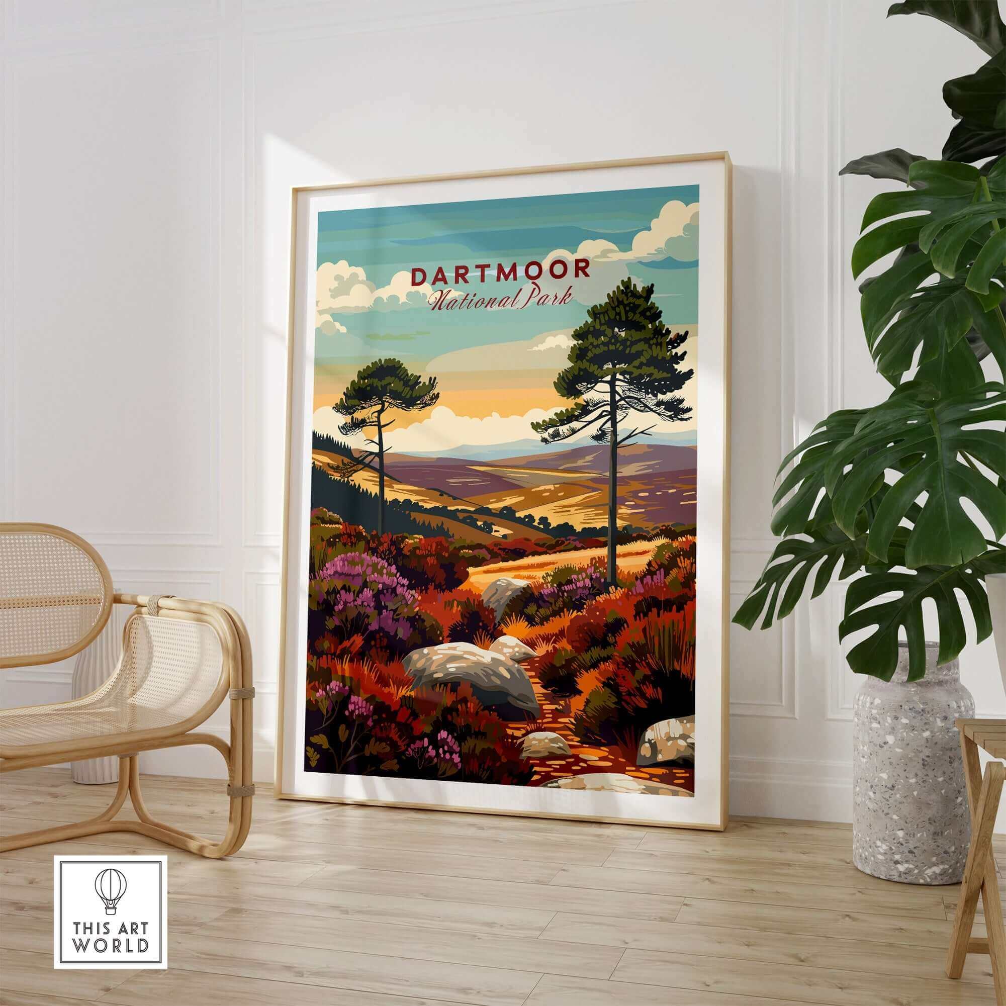 Dartmoor Print showcasing Dartmoor National Park's scenic landscapes with vibrant colors and intricate details.