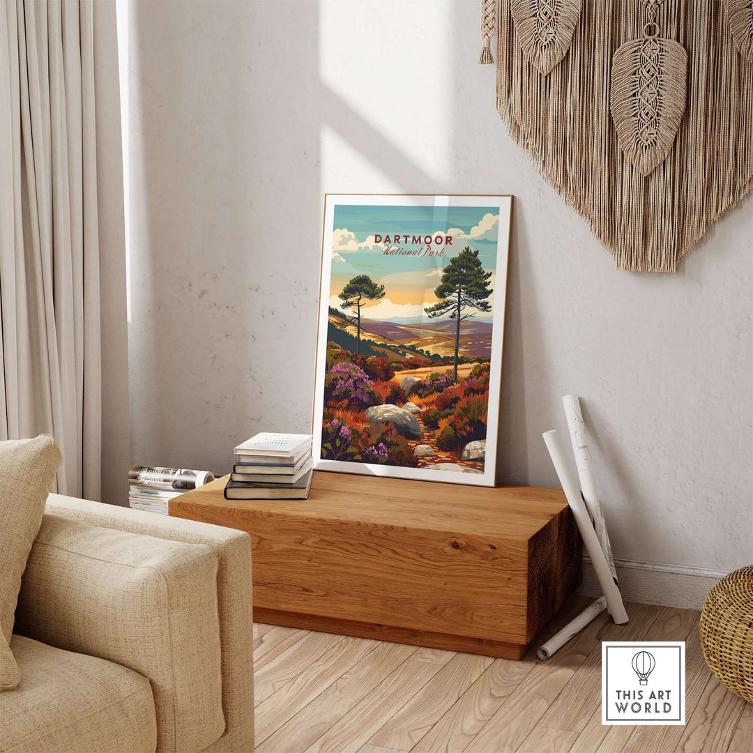 Dartmoor National Park wall art displayed in a cozy living room, featuring vibrant landscapes and serene nature elements.