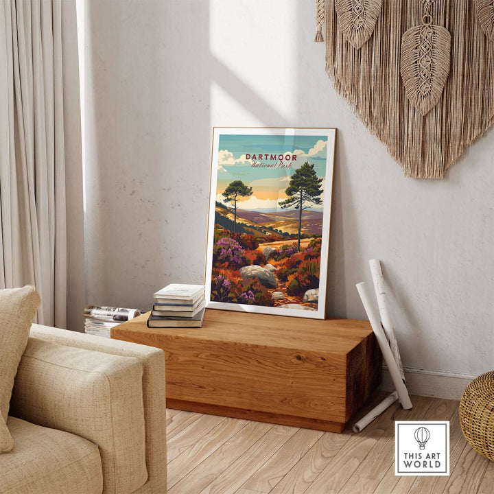 Dartmoor National Park wall art displayed in a cozy living room, featuring vibrant landscapes and serene nature elements.