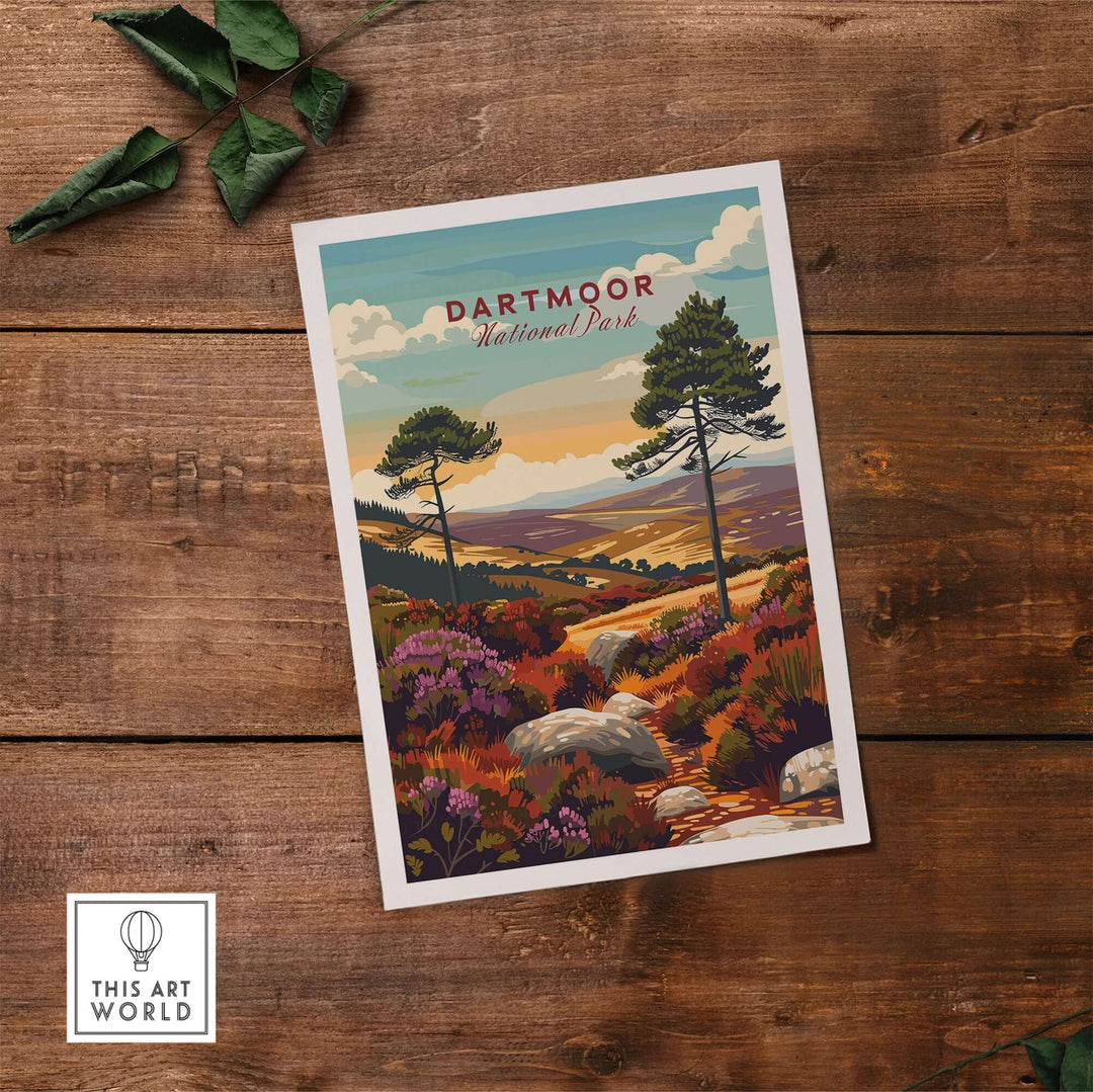 Dartmoor National Park wall art featuring vibrant landscape with trees and purple heather on rustic wooden background.