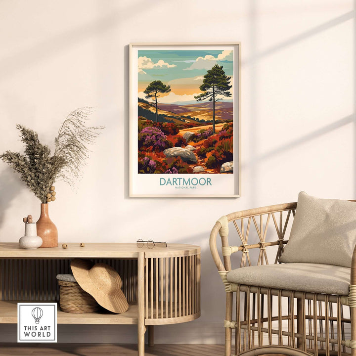 Dartmoor National Park wall art featuring colorful landscapes, framed and displayed in a cozy home setting.