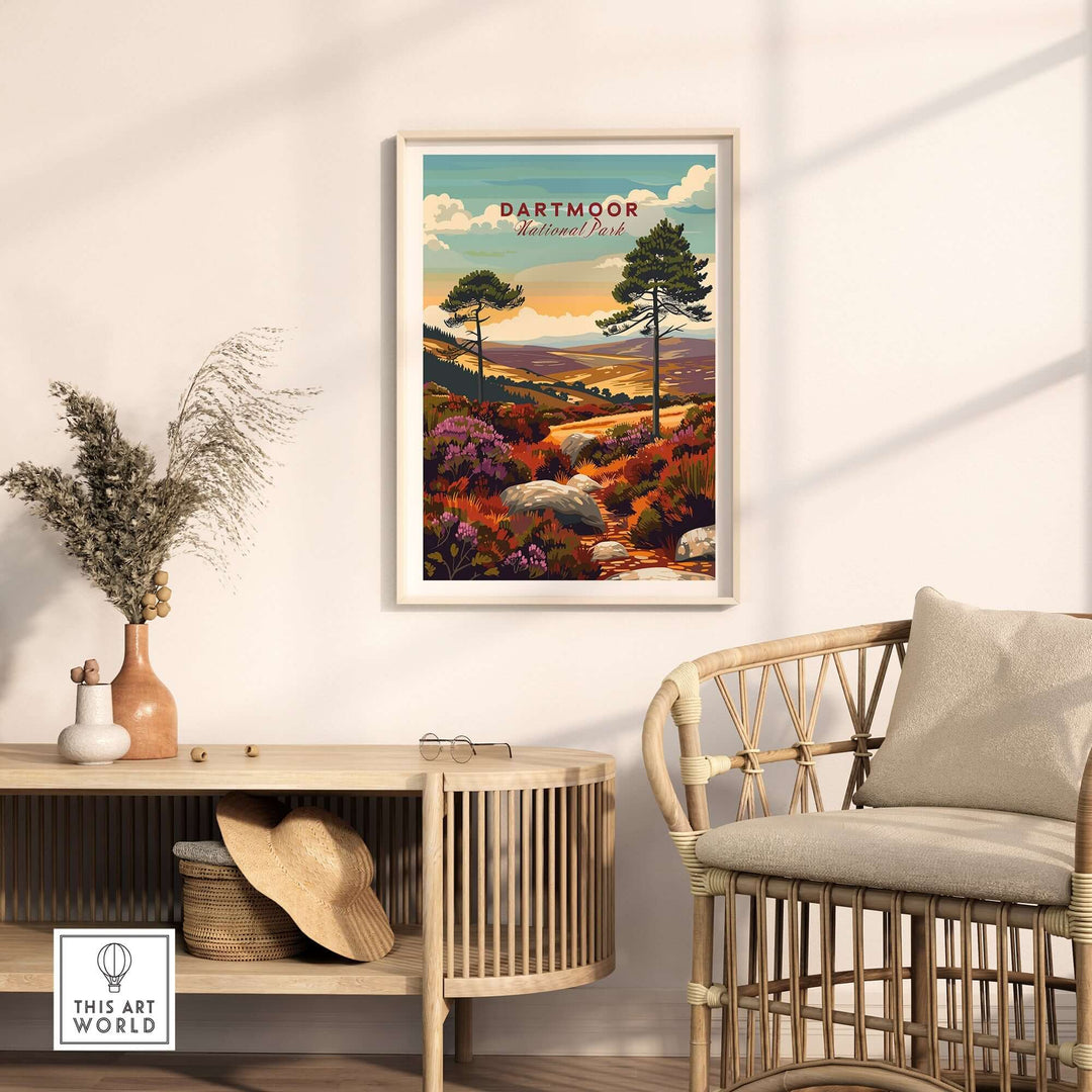 Dartmoor National Park wall art displayed in a cozy interior setting, featuring vibrant colors and natural scenery.