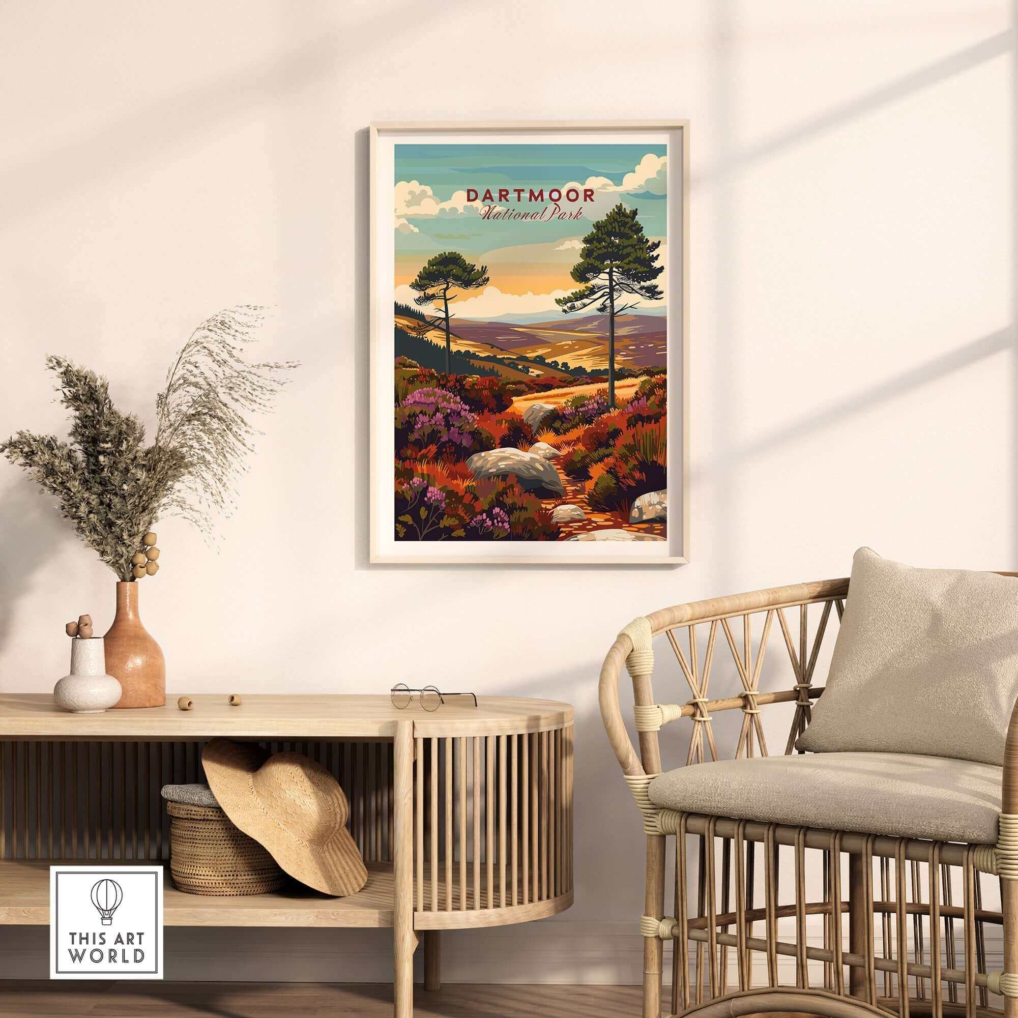 Dartmoor Print showcasing vibrant landscapes and intricate details in a stylish home setting.