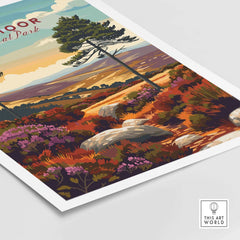 Dartmoor Print showcasing vibrant landscapes with trees and purple heather, perfect for nature lovers.