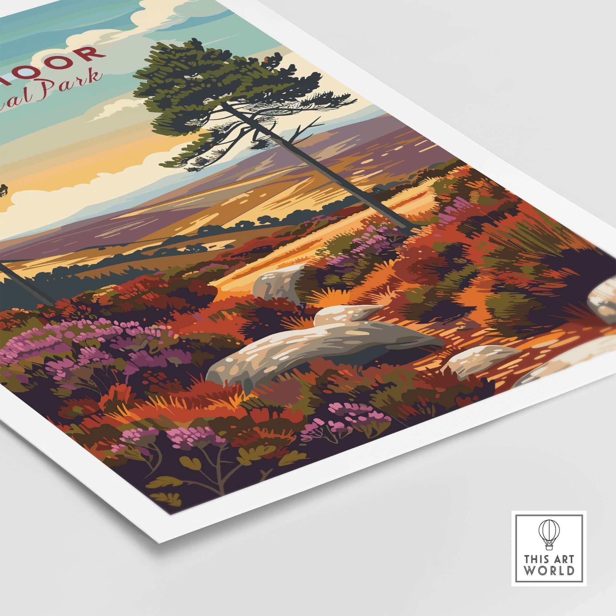 Dartmoor Print showcasing vibrant landscapes with trees and purple heather, perfect for nature lovers.