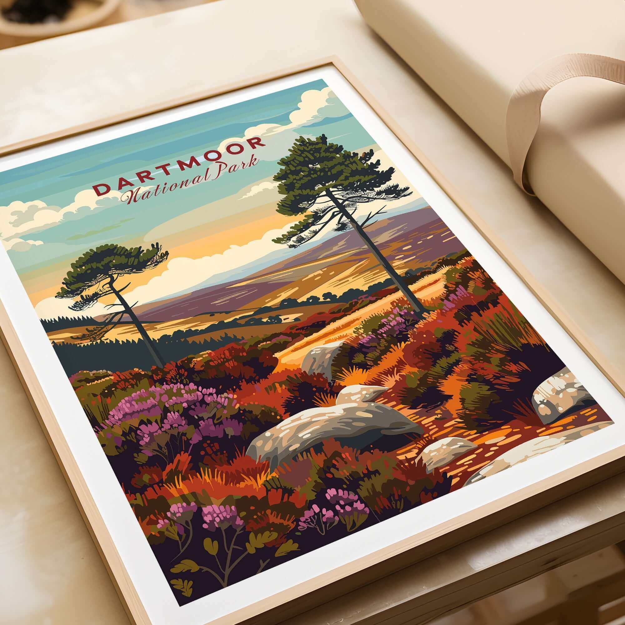 Dartmoor Print showcasing vibrant landscapes of Dartmoor National Park with colorful foliage and scenic views.