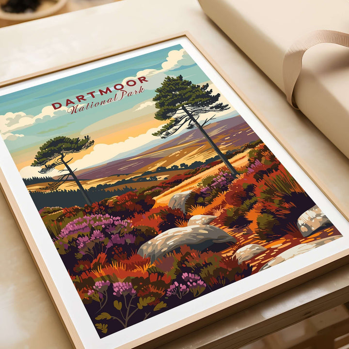 Dartmoor National Park wall art featuring vibrant landscapes and colorful flora in a framed print.