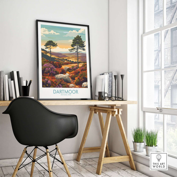 Dartmoor National Park wall art displayed in a modern workspace, showcasing serene landscapes and vibrant colors.