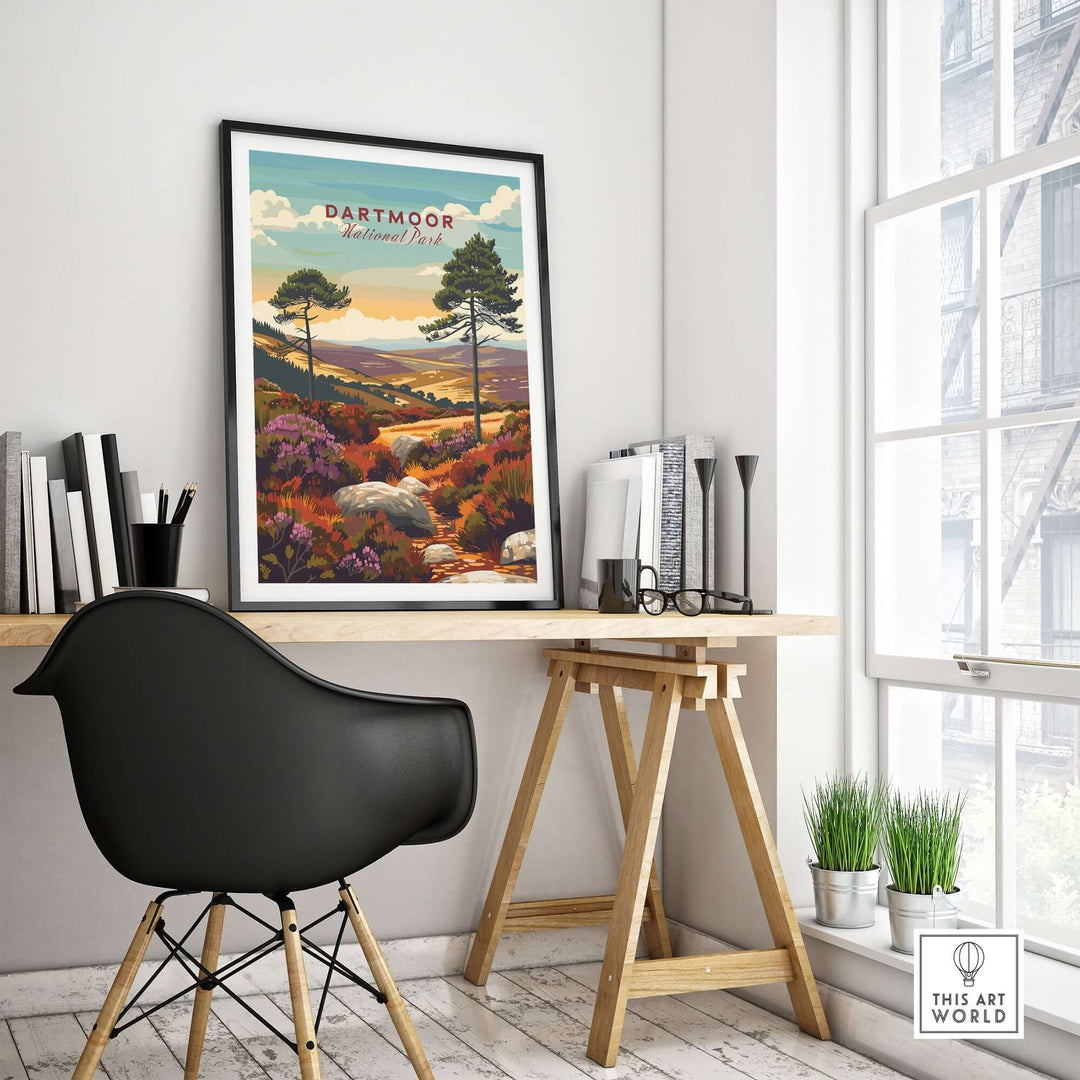 Dartmoor National Park wall art displayed on a stylish desk in a modern interior, showcasing vibrant colors and landscapes.