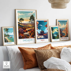 Dartmoor National Park Wall Art displayed among other travel-themed artworks in a cozy living room setting.