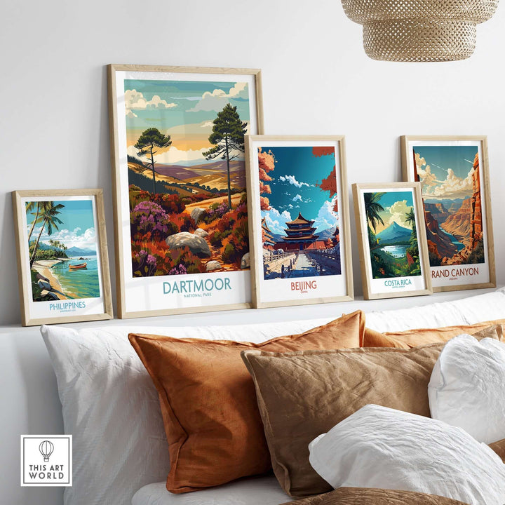 Dartmoor National Park wall art alongside other travel-themed artwork, showcasing vibrant landscapes and natural beauty.