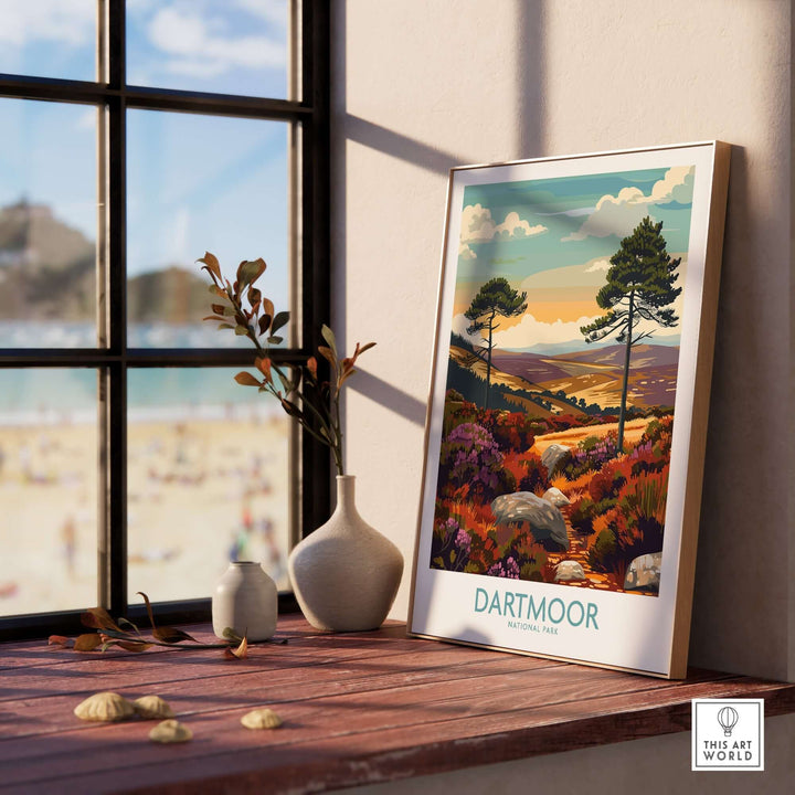 Dartmoor National Park wall art displayed on a rustic table beside a window, capturing the park's stunning landscapes.