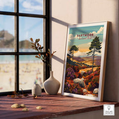 Dartmoor Print displayed on a wooden table by a window, showcasing vibrant colors and beautiful landscape.