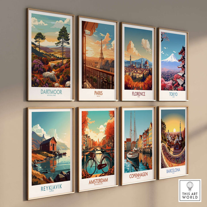 Colorful travel-themed wall art featuring landscapes from Dartmoor, Paris, Florence, Tokyo, Reykjavik, Amsterdam, Copenhagen, and Barcelona.