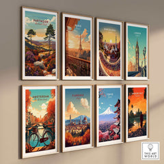 Dartmoor Print and other vibrant travel posters arranged in a stylish gallery wall display.