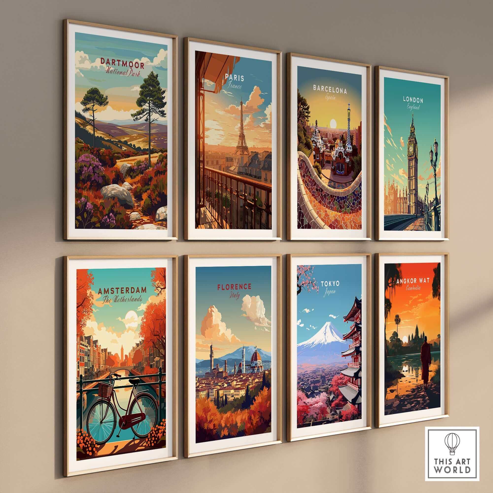 Dartmoor Print and other vibrant travel posters arranged in a stylish gallery wall display.