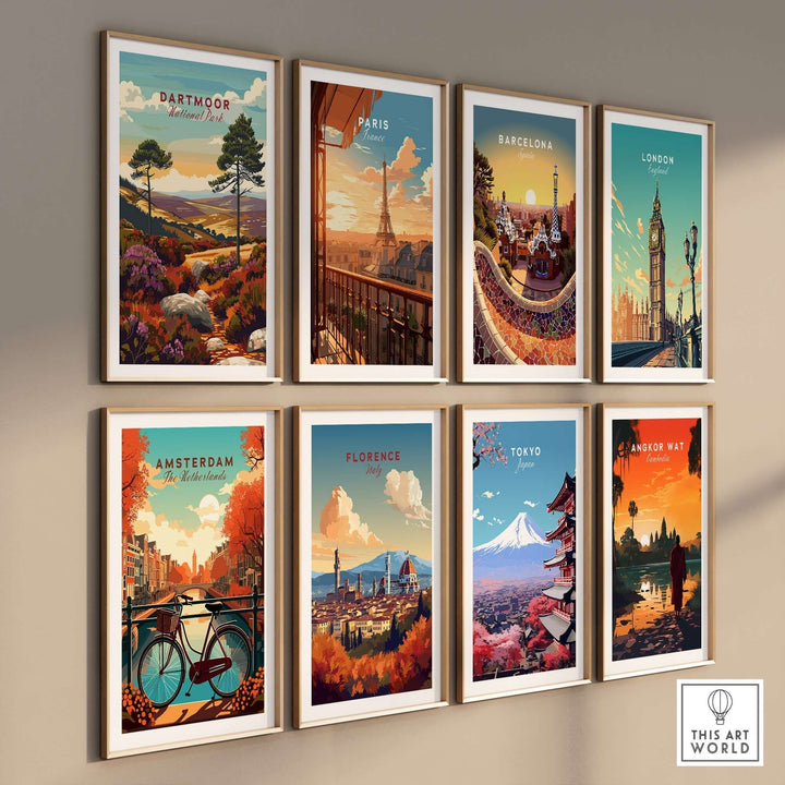 Collection of framed wall art featuring Dartmoor National Park and iconic cityscapes from around the world.