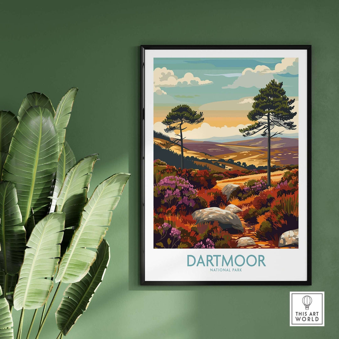 Dartmoor National Park wall art featuring vibrant landscapes and trees, perfect for nature-inspired home decor.