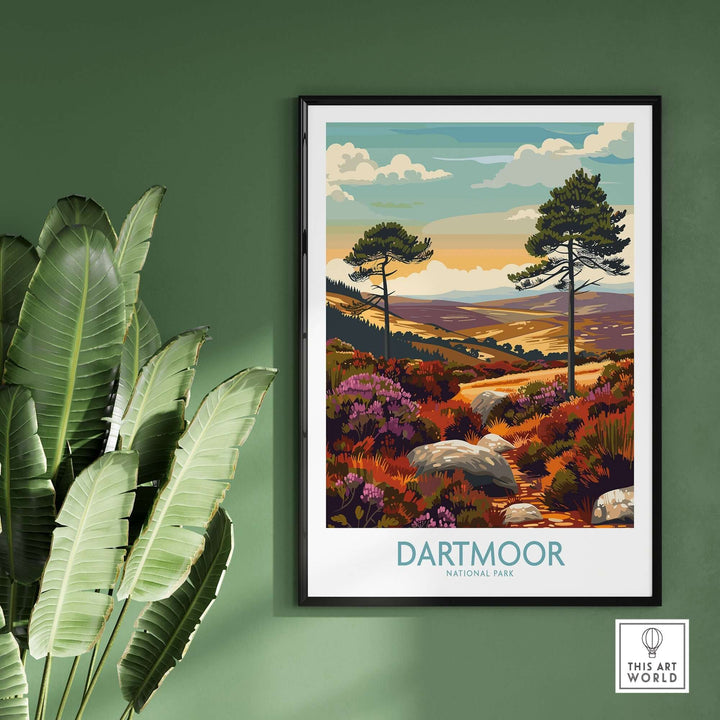 Dartmoor National Park wall art featuring vibrant landscapes and trees, perfect for nature-inspired home decor.