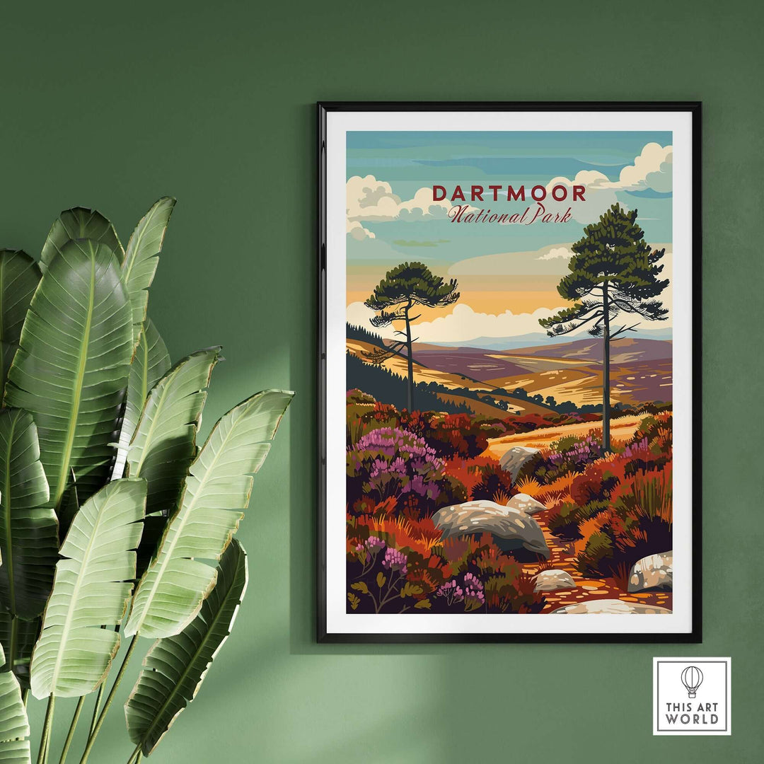 Dartmoor National Park wall art featuring vibrant landscape with trees and colorful flora in a stylish frame.