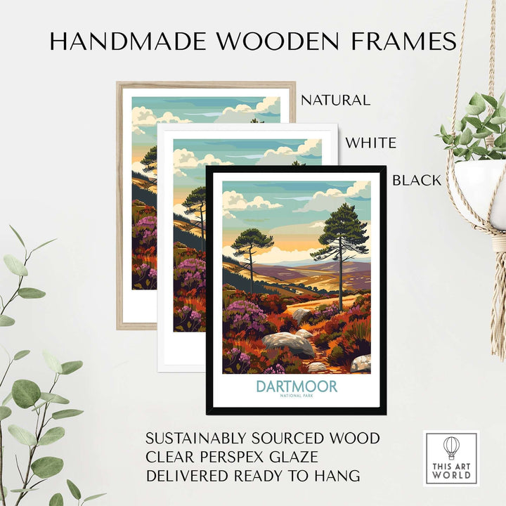 Handmade wooden frames for Dartmoor wall art in natural, white, and black finishes, crafted from sustainably sourced wood.