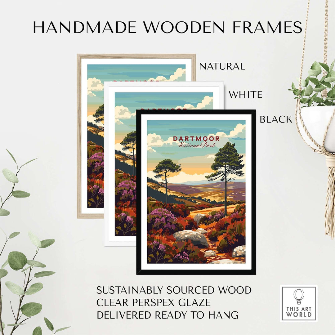 Handmade wooden frames for Dartmoor National Park wall art in natural, white, and black finishes, sustainably sourced and ready to hang.