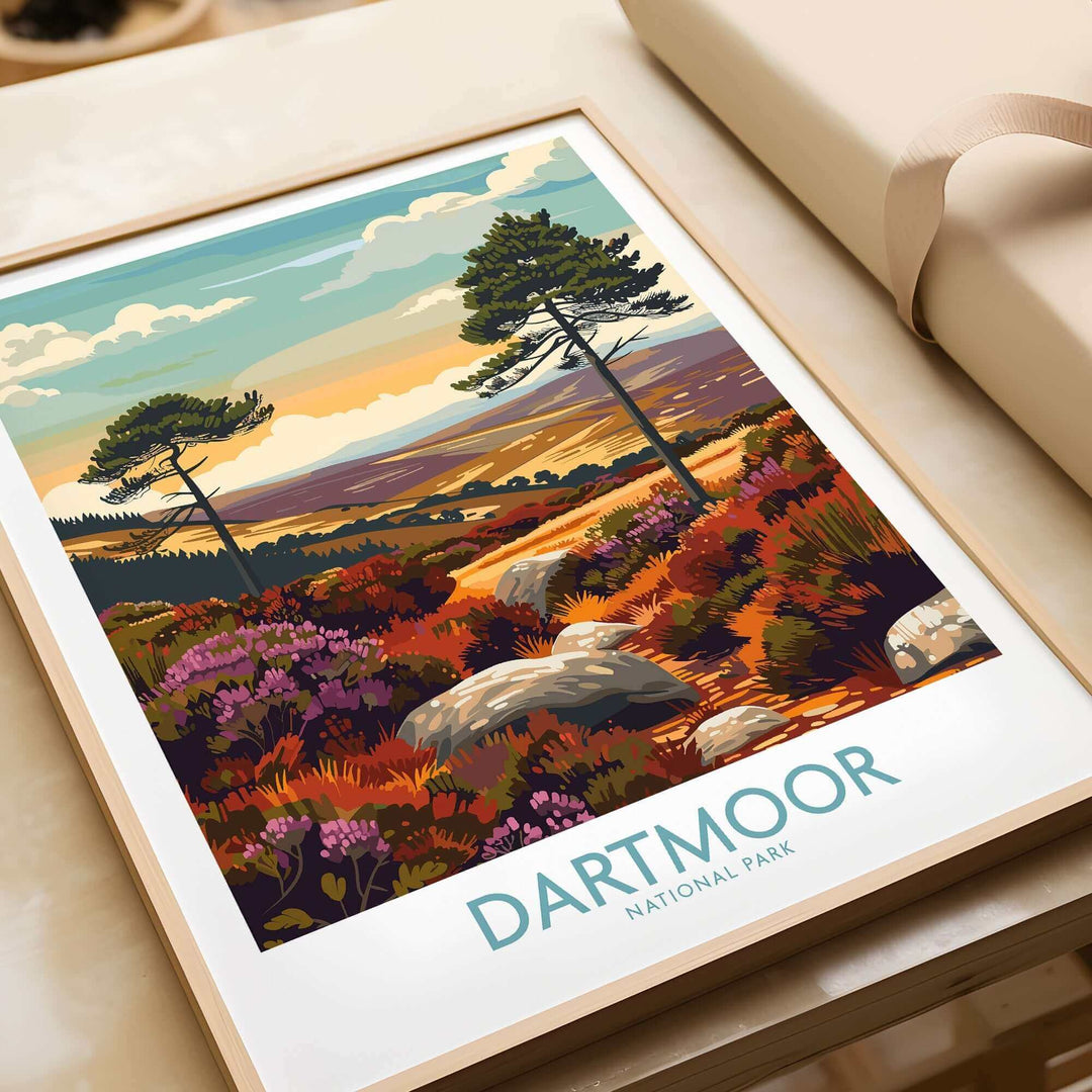 Dartmoor National Park wall art featuring vibrant landscapes and serene natural scenery in a stylish frame.