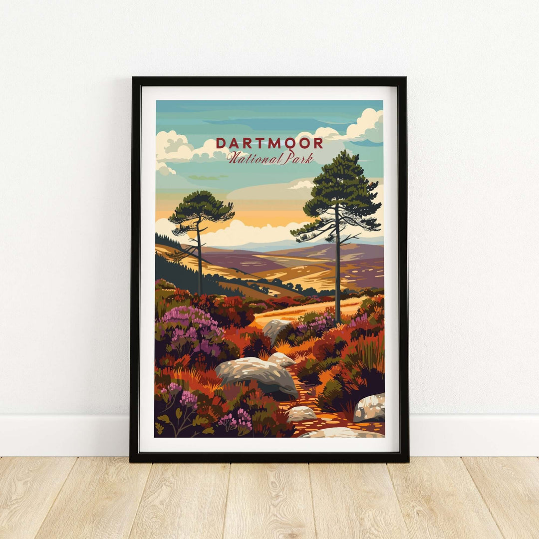 Dartmoor National Park wall art featuring lush landscapes, rocky paths, and vibrant flora in a framed design.