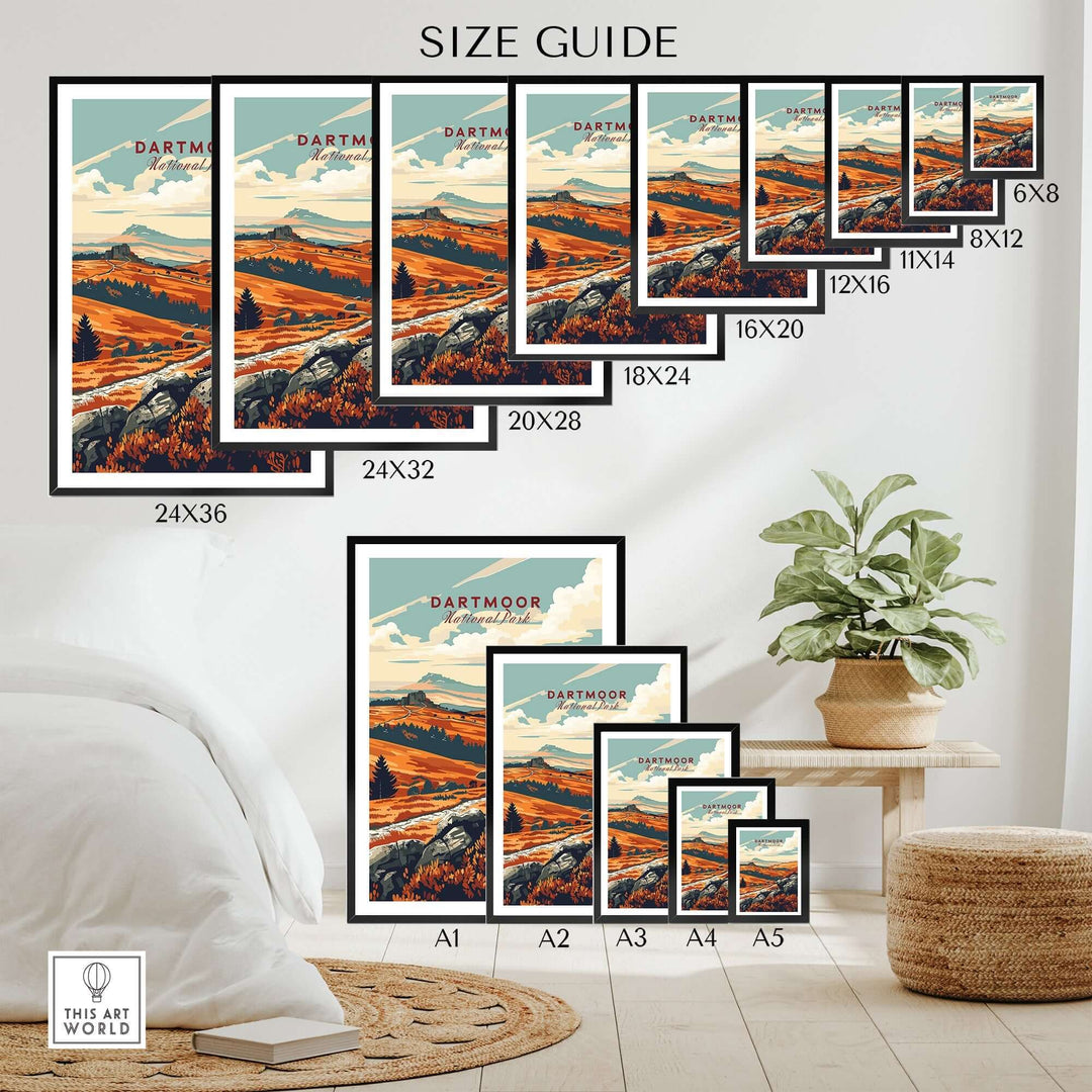 Size guide for Dartmoor National Park poster, showcasing various frame sizes in a stylish room setting.