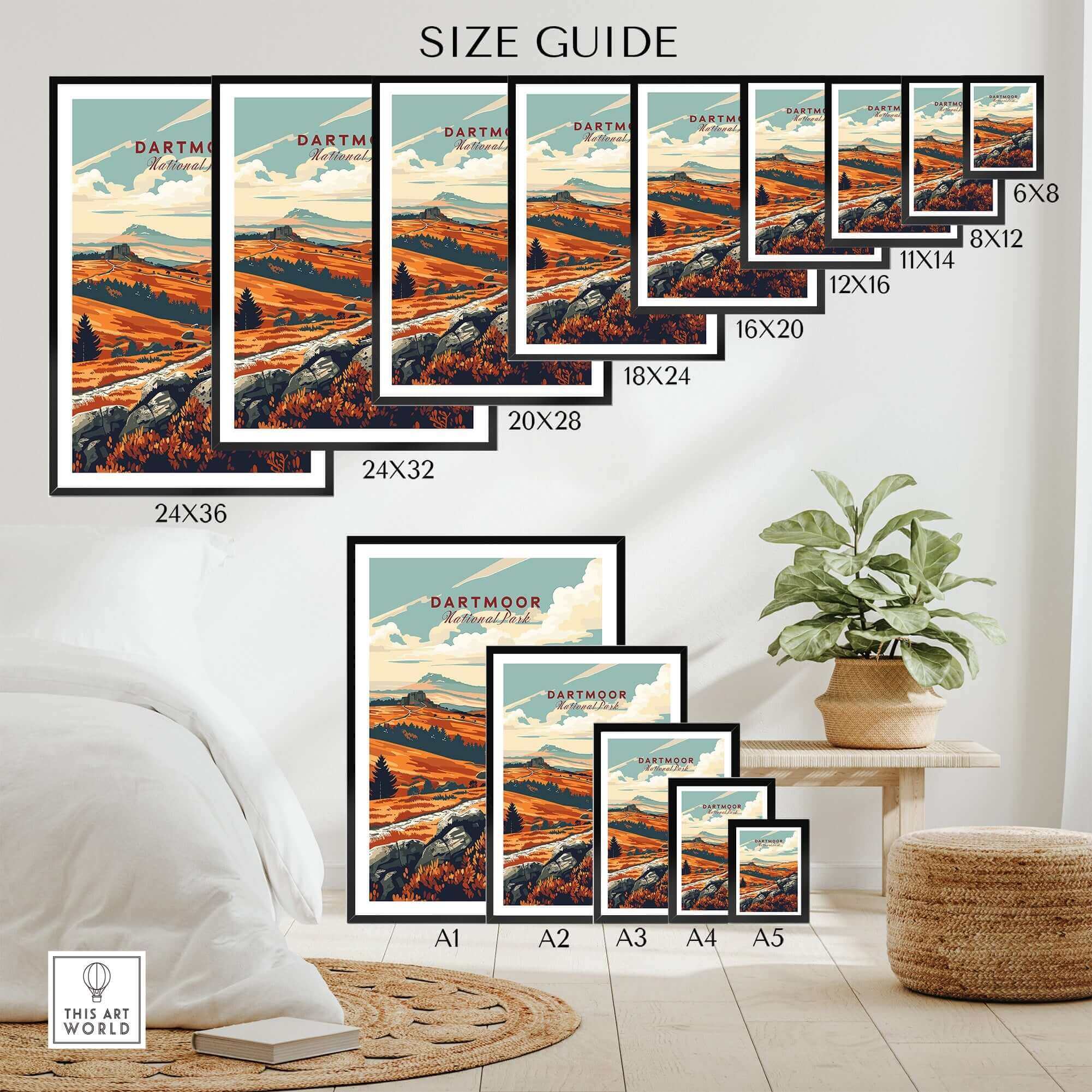 Dartmoor Art Print size guide showcasing various frame sizes for Dartmoor Art Print in a cozy setting.
